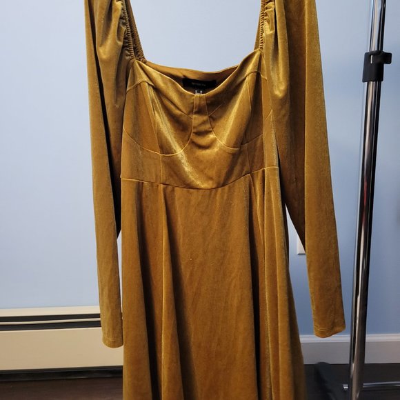 Gold Velvet Off The Shoulder Babydoll Dress - Picture 1 of 3